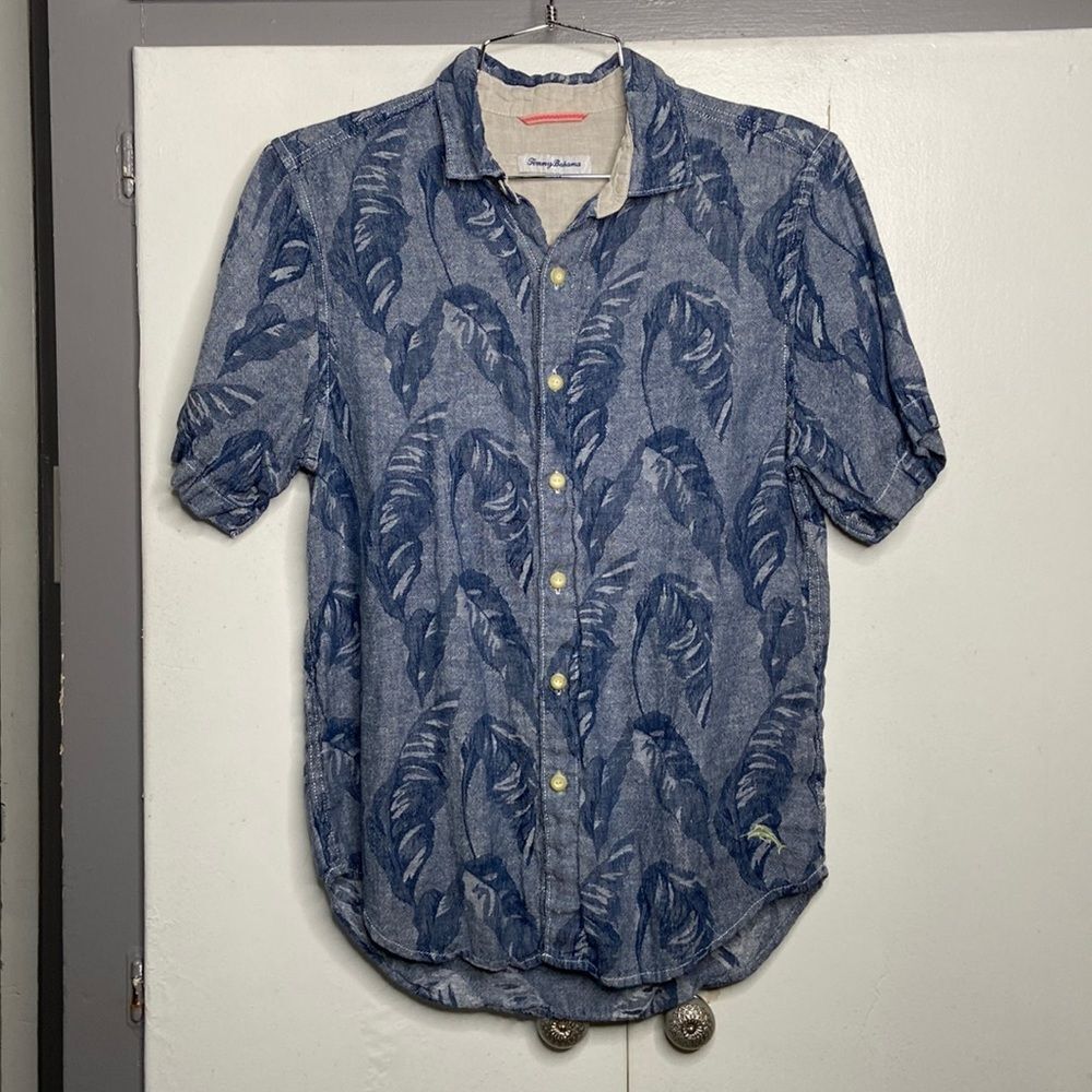 Tommy bahama men short sleeve button up shirt S Hawaiian floral blue 100 linen